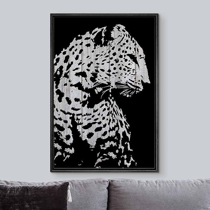IDEA4WALL Framed Canvas Print Wall Art Grayscale Spotted Leopard Profile on Wood Panels Animals WildLife Illustrations Modern Art Tropical Portrait for Living Room, Bedroom, Office - 16"x24" BLACK