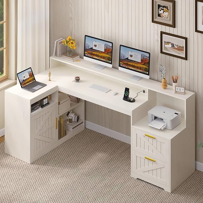 TVU Farmhouse L Shaped Desk with Drawers, 62.2" Home Office Desk with Storage Shelves and Power Outlet, L Shaped Computer Desk with Monitor Stand and Printer Shelf, White