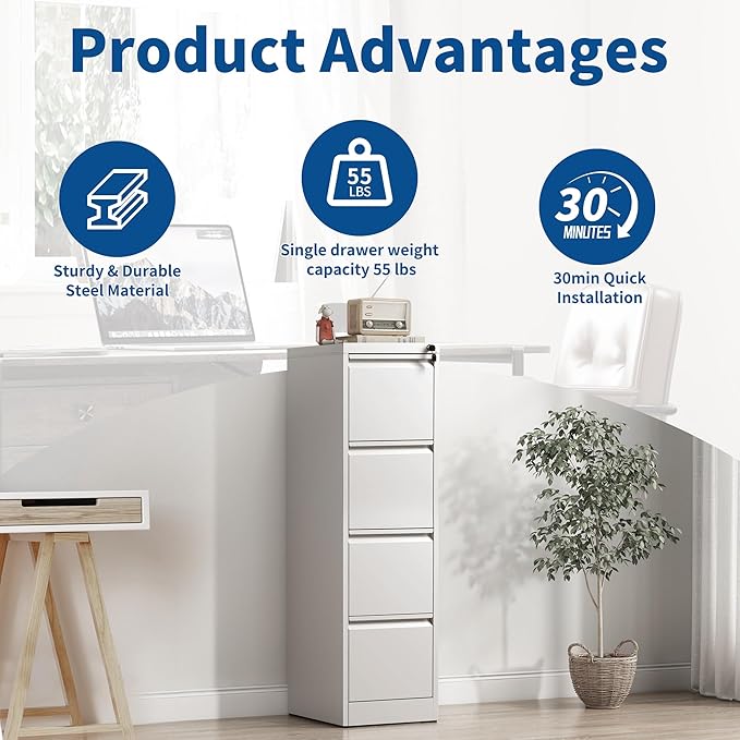 4 Drawer File Cabinet with Lock, Metal Filing Cabinet for Home Office, Vertical File Cabinet for Letter/Legal/A4/F4 Documents, Easy to Assemble Steel Storage Cabinet
