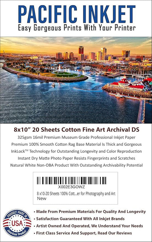 (8-x-10) 20 Sheets 100% Cotton Fine Art Matte Double Sided Inkjet Paper - 16mil 325gsm See Description for Compatibility Info Before Purchase - OBA Free Archival Grade Inkjet Media