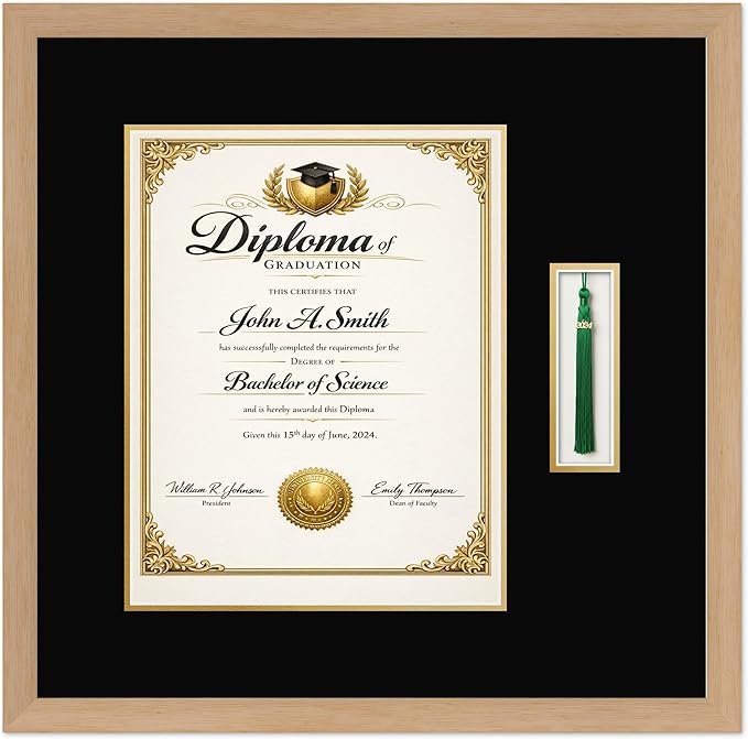 CountryArtHouse Diploma and Tassel Frame Fits 11 x 14 College Diploma (Portrait) with Tassel Ho Natural Wood Genuine Hardwood Shadowbox with Black Over Metallic Gold Double mat