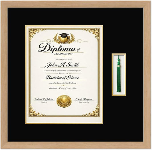CountryArtHouse Diploma and Tassel Frame Fits 11 x 14 College Diploma (Portrait) with Tassel Ho Natural Wood Genuine Hardwood Shadowbox with Black Over Metallic Gold Double mat