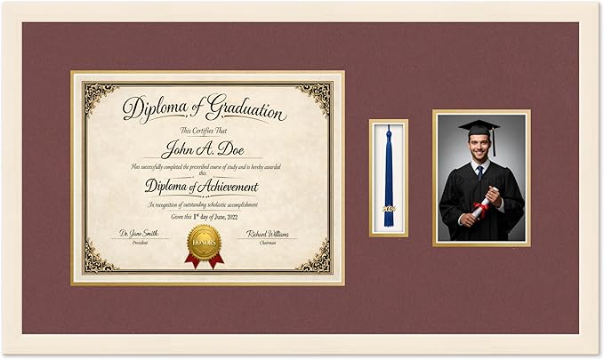 Diploma Tassel and Photo Frame Coastal Whitewash Shadowbox Dark Red Over Gold Mat - Fits 14 x 11 Degree Picture Made in the USA