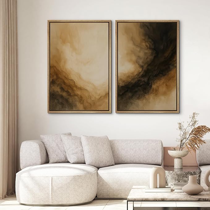SIGNWIN Framed Canvas Print Wall Art Set Golden Brown Abstract Cloudscape Dramatic Modern Landscape Illustrations Modern Art Decorative Multicolor for Living Room, Bedroom, Office - 24"x36"x2 Natural