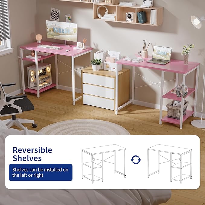 Pamray 32 Inch Small Computer Desk with Shelves, Home Office Desk with Headphone Hook for Bedroom, Study Writing PC Table for Small Spaces, Pink