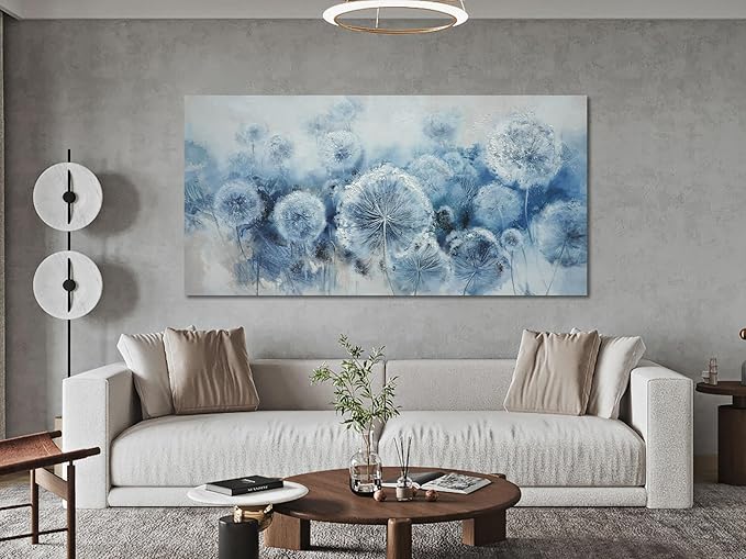 Arjun Large Wall Ar for Living Room, Dandelion Painting Flower Indigo Floral Canvas Art Wall Decor, Blue and White Textured Bedroom Artwork Framed for Home Office Oversize 58"x29"