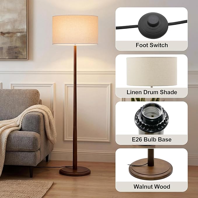 61" Rustic Walnut Wood Floor Lamp for Living Room, Retro Farmhouse Tall Lamp for Bedroom, Mid Century Standing Lamp with Linen Shade for Home Corner, Office, Dining Room, Bulb not Included, Beige