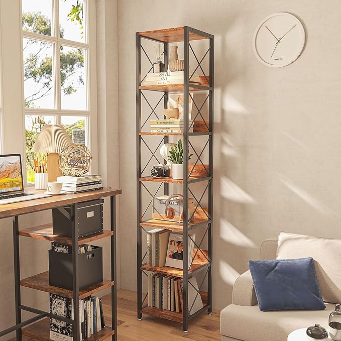IBUYKE 6-Tier Tall Narrow Bookcase,Wood Corner Shelf Storage Display Rack for Small Spaces,Free Standing Open Bookshelf Square Shelf Tower for Home Office Living Room Bathroom, Rustic Brown UTBC001H