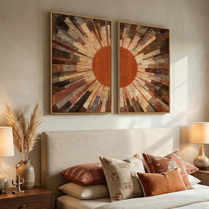 Framed Boho Mid Century Sun Wall Art for Living Room, Set of 2 Abstract Farmhouse Sunrise Canvas Artwork for Walls, Vintage Earth Tone Painting Print Wall Art Decor for Bedroom Home Office, 24x36 Inch