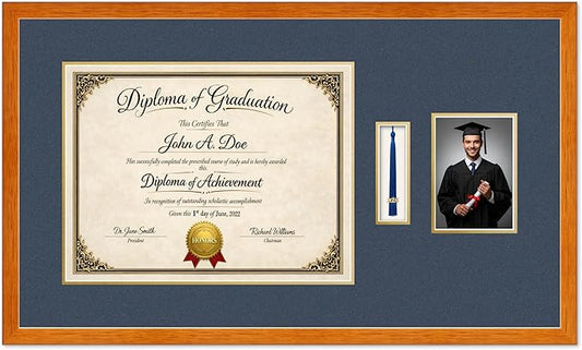Diploma Tassel and Photo Frame Honey Oak Shadowbox Navy Blue Over Gold Mat - Fits 17 x 13 Degree Picture Made in the USA
