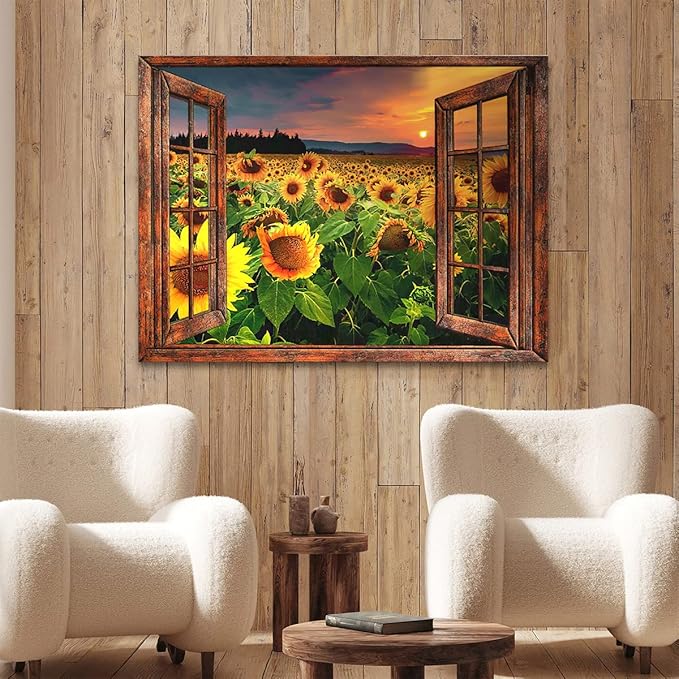 Parylore Sunflower Wall Art Canvas Print Wall Decor Sunflower Field Sunset Landscape On Wood Window Painting Framed Modern Artwork for Living Room Bedroom Bathroom Office Home Decor 16x24 In