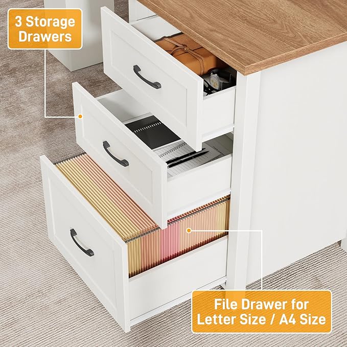 Farmhouse 68"H L Shaped Desk with Hutch,Office Table with 3 Drawers and Sliding Doors, Executive Desk with File Drawers and Charging Station,Workstation for Home Office & Study, Unique White.