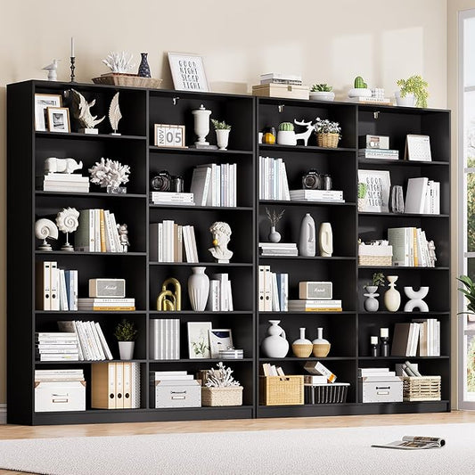 Black Bookcase, Bookshelf with 12 Open Shelves, Freestanding Display Storage Shelves, Book Case Home Library Bookcase for Living Room Bedroom Office 2PC