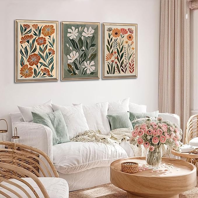 3pcs Abstract Boho Floral Canvas Wall Art Green Beige Flower Market Wall Decor Pictures Minimalist Colorful Botanica Posters Prints For Living Room Bedroom Office Home Decoration