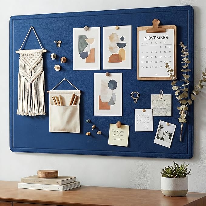 AKTOP Bulletin Board, 24" x 18" Foldable Felt Notice Pin Board for Wall, Decorative CorkBoard Photo Display Board with Self-Adhesive Tape, Vision Board Cork Board Alternative with 25 Pushpins - Blue