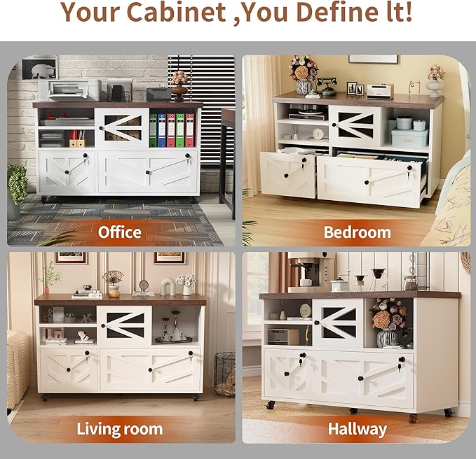Semoic White Lateral File Cabinet with Lock, 2 Drawer Rolling Filing Cabinet for Home Office, Mobile Storage Cabinet with Open Shelves & Sliding Door, Fits Legal/Letter/A4 Files, Herringbone Design