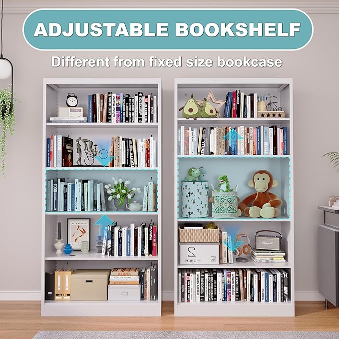 Bookcase,5 Tier Bookshelf,55" Tall Free Standing Metal Bookcase with Adjustable Storage Shelves,Wide Bookshelf for Bedroom Living Room Home Office School (White)