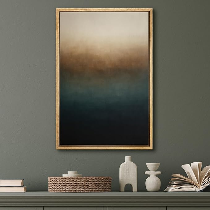 SIGNFORD Framed Canvas Print Wall Art Vertical Ombre Gradient in Beige Brown Teal and Black Illustrations Modern Art Decorative Relax/Zen Nordic for Living Room, Bedroom, Office - 16"x24" Natural