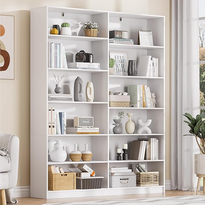 6 Tier Large Bookshelves, 70.8 Inch Tall Bookshelf and Bookcases for Living Room, Study Room, Home Office Library，White Bookcase with 12 Open Shelves.