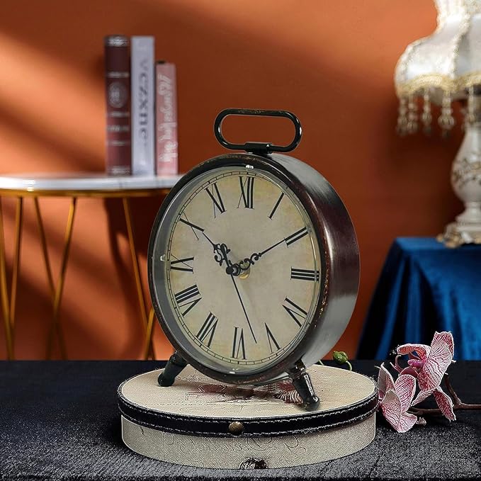 Vintage Desk Clock, 8 Inches Silent Non-Ticking Battery Operated Metal Table Top Clock for Bedroom, Living Room, Office, Shelf Decor (Brown)