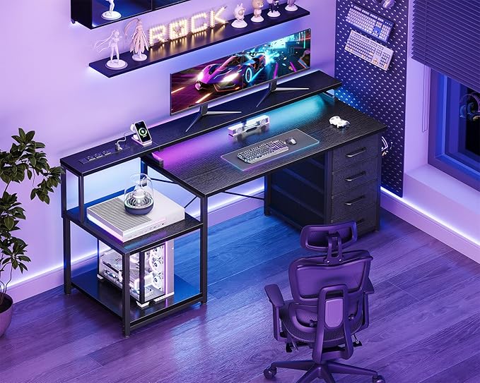 ODK 55 Inch Computer Desk with 4 Drawers, Office Desk with Power Outlets, Printer Shelf & Storage Shelves, Large Writing Study Table for Home, Bedroom, Study or Gaming Setup, Black