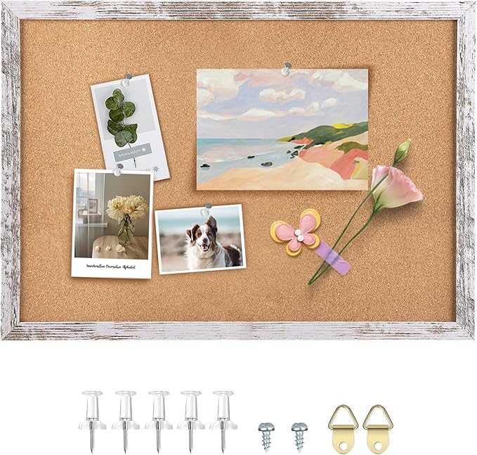 Cork Board Bulletin Board, 23.6x15.7 inches Decorative Hanging Framed Cork Boards for Walls, Pin Board Vision Board for School Home Office, Bulletin Board with White Wood Frame (WH,4060,1p)