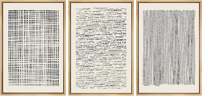 SIGNWIN Framed Canvas Print Wall Art Set Geometric Dark Black Grid Wave Pattern Abstract Shapes Cozy Neutral Modern Art Decorative Contemporary for Living Room, Bedroom, Office - 24"x36"x3 Natural