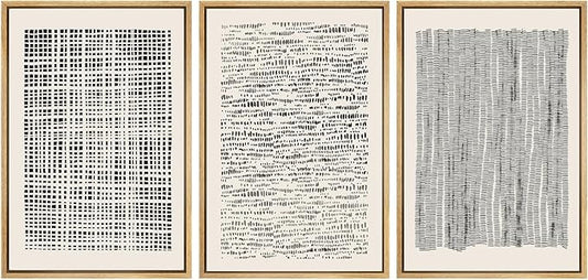SIGNWIN Framed Canvas Print Wall Art Set Geometric Dark Black Grid Wave Pattern Abstract Shapes Cozy Neutral Modern Art Decorative Contemporary for Living Room, Bedroom, Office - 24"x36"x3 Natural