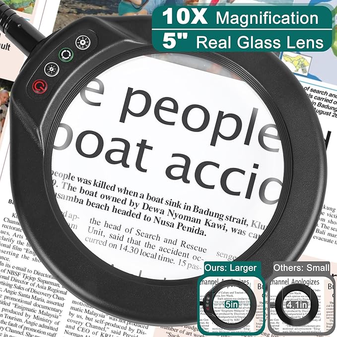10X Magnifying Glass with Light and Clamp, 5 Inch Real Glass Magnifying Desk Lamp with Stand, Long Gooseneck, 5 Color Modes Lighted Magnifier Hands Free for Crafts Painting Jewelry Close Work