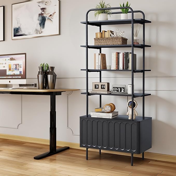 71" Tall Bookshelf with Door, 6-Tier Bookcase Modern Metal Book Shelf with Open Shelves & Adjustable Footpad Freestanding Storage Cabinet for Living Room, Home Office (Black)