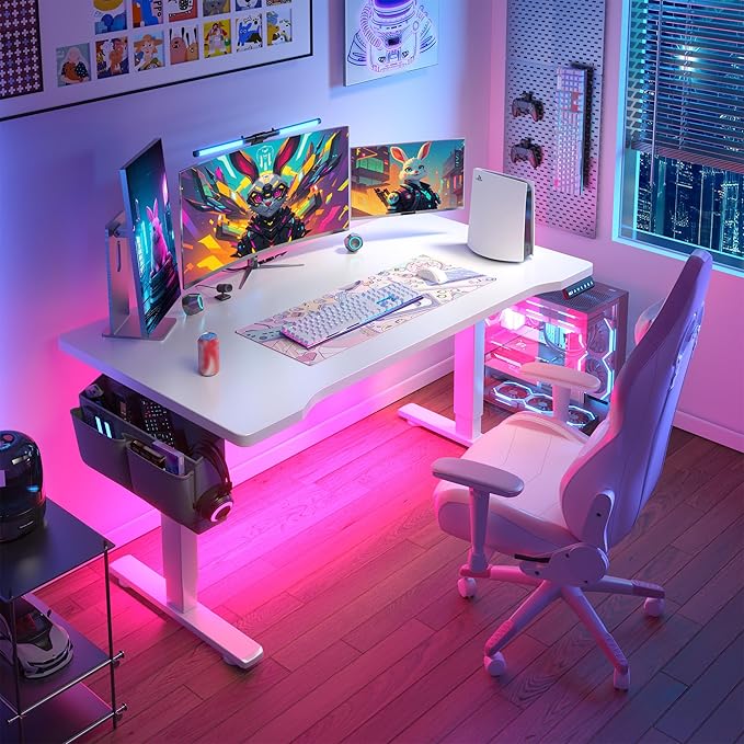EnHomee Electric Standing Desk with LED Lights,Computer Desk 56 x 24 Inch Height Adjustable with 3 Memory Preset,Gaming Sit Stand Desk with Storage Side Pocket and Cable Management,White
