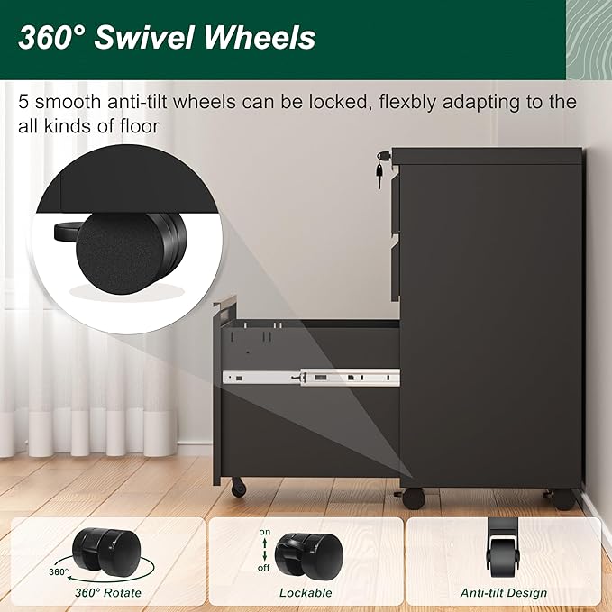 Superday File Cabinet 3 Drawer, Fully Assembled Metal Rolling Vertical Filing Cabinet with Wheels, Small Under Desk File Cabinets for Home Office (Black)