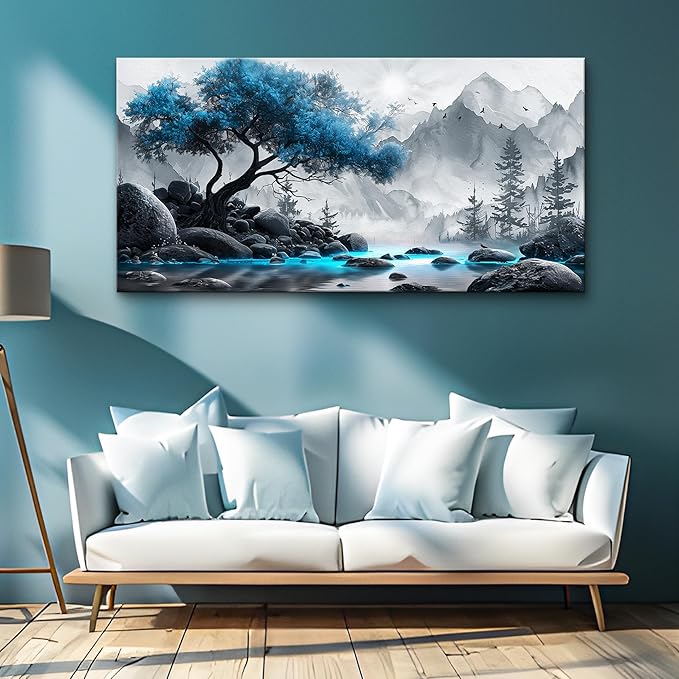 Lapremoly Black And White Painting Canvas Wall Art For Living Room, Office, Bedroom - Large Blue Tree Landscape Wall Pictures - Hotel Artwork Posters - Family Home Decor