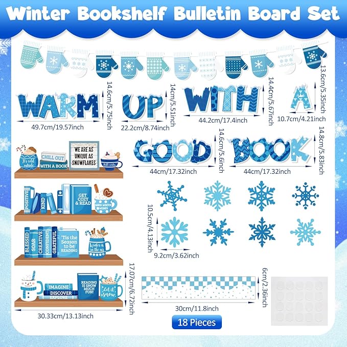 Pasimy 79 Pcs Winter Bookshelf Bulletin Board Decoration Warm Up with A Good Book Bulletin Board Snowflake Paper Cutout Winter Motivational Classroom Decor for School Chalkboard Window Wall Home Decor