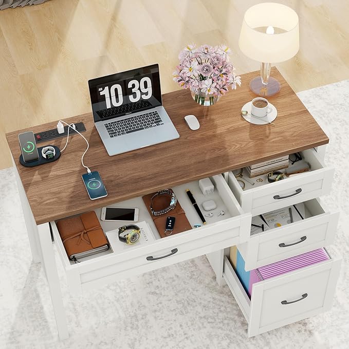 Vabches Farmhouse 47" Executive Desk, Computer Desk with File Drawer and Charging Station, Workstation for Home Office & Study.Off White