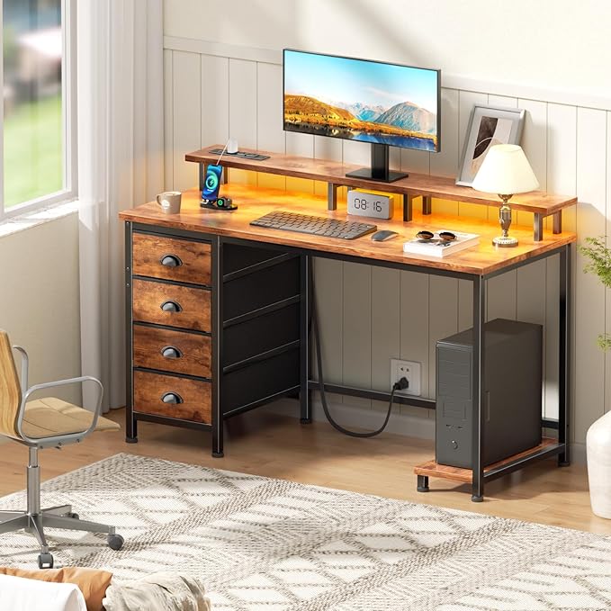 Furologee Computer Desk with Power Outlets & Monitor Stand, 47 Inch Reversible Gaming Desk with LED Lights & 4 Fabric Drawers, Writing Work Table for Home Office, Bedroom, Rustic Brown