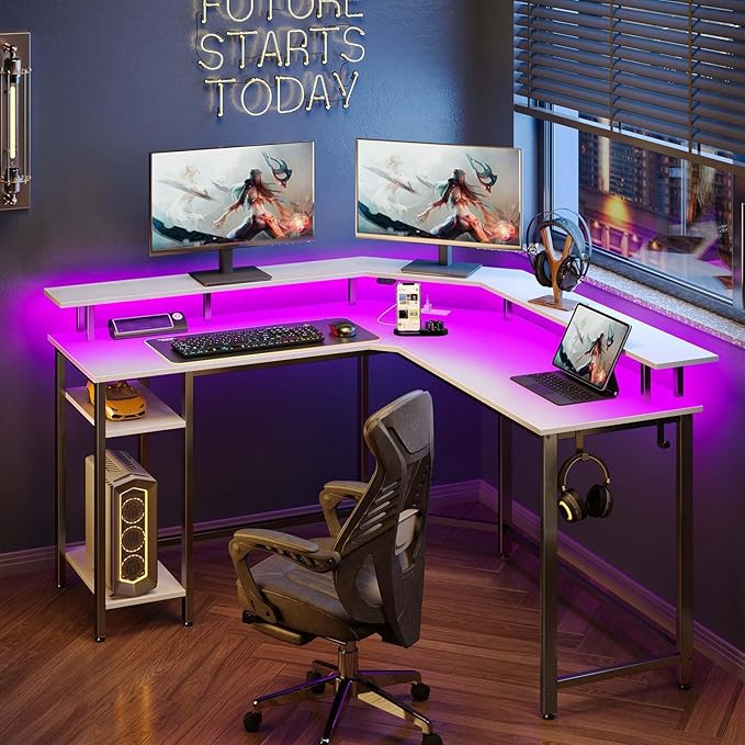 Rolanstar L Shaped Gaming Desk with LED Lights & Power Outlets, 53" Computer Desk with Full Monitor Stand & Storage Shelf, Corner Desk with Hooks, White Desk Reversible