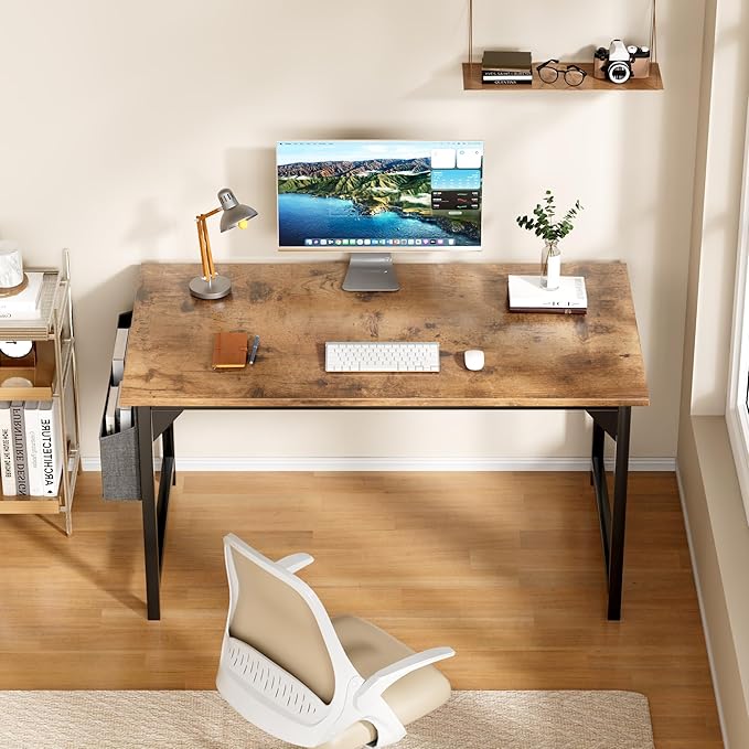 Furmax Computer Desk 48 Inch Small Office Desk with Storage Bag & Headphone Hook, Workstation for Home Office, Modern Writing Study Table (Rustic Brown)