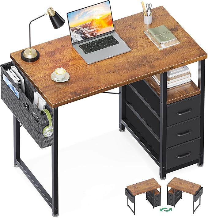 AODK 32" Small Computer Desk with Fabric Drawers, Kids Girls Teen Study Writing Desk for Bedroom, Home Office Desk with Storage Shelf & Bag for Small Space, Vintage