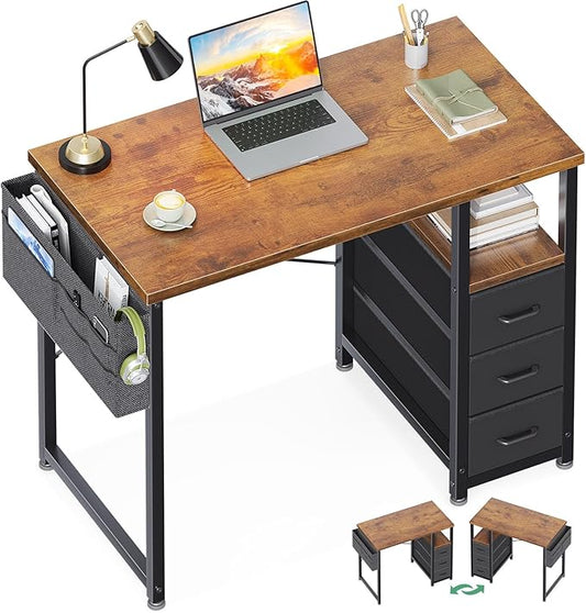 AODK 32" Small Computer Desk with Fabric Drawers, Kids Girls Teen Study Writing Desk for Bedroom, Home Office Desk with Storage Shelf & Bag for Small Space, Vintage