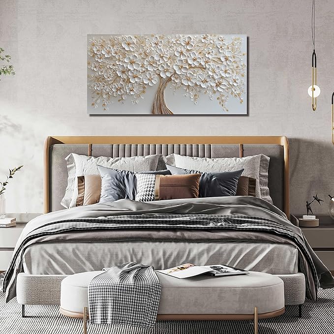 White Flower Prints Wall Art for Bedroom Women Tree Pictures Wall Decor for Dining Room Modern Wall Decor for Dormitorios Size 24 x 48 Inch