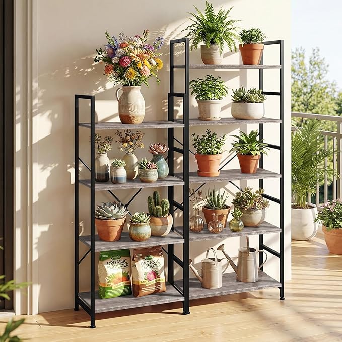 5 Tier Bookshelf, Free Standing Wooden Bookcase with Open Storage Shelves with Metal Frame, Sturdy Shelf Organization Display Rack for Living Room, Bedroom, Home Office, 62.2" Tall, Grey