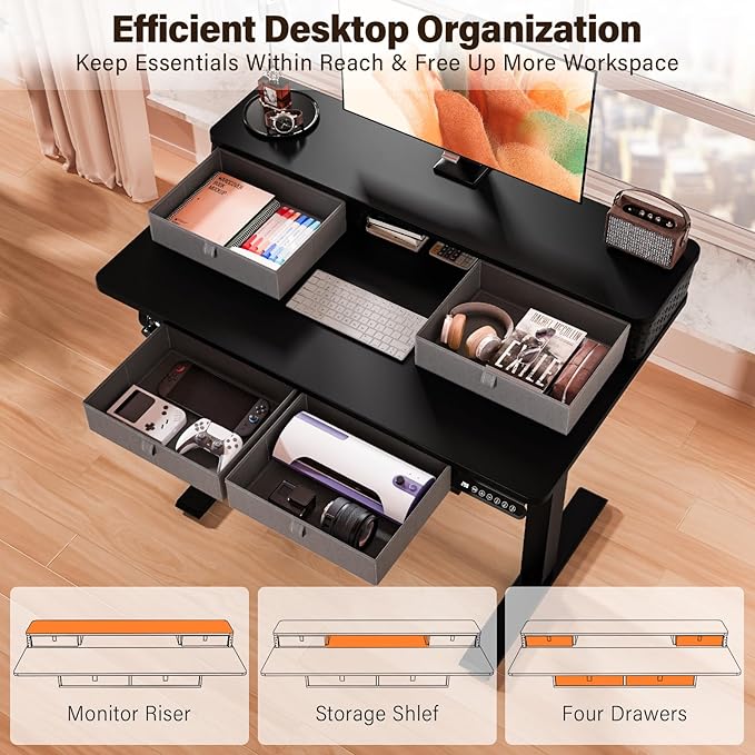 Kingant 40 x 24 Inch Small Electric Standing Desk with 4 Drawers, Height Adjustable Sit to Stand Computer Desk with Storage Shelf and C-Clamp Mount Compatibility for Home Office, Black