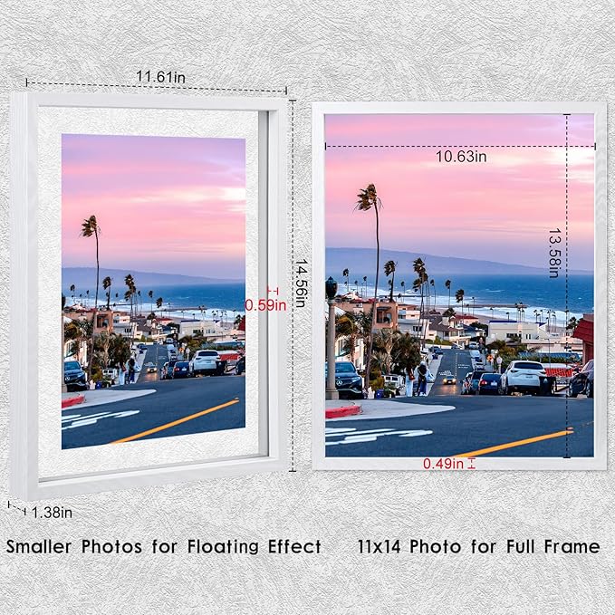 MUYE 11x14 Floating Frame Set of 2,Double Real Glass Photo Frame,Display Any Size Photo up to 11x14,Wall Mount or Tabletop Standing,White