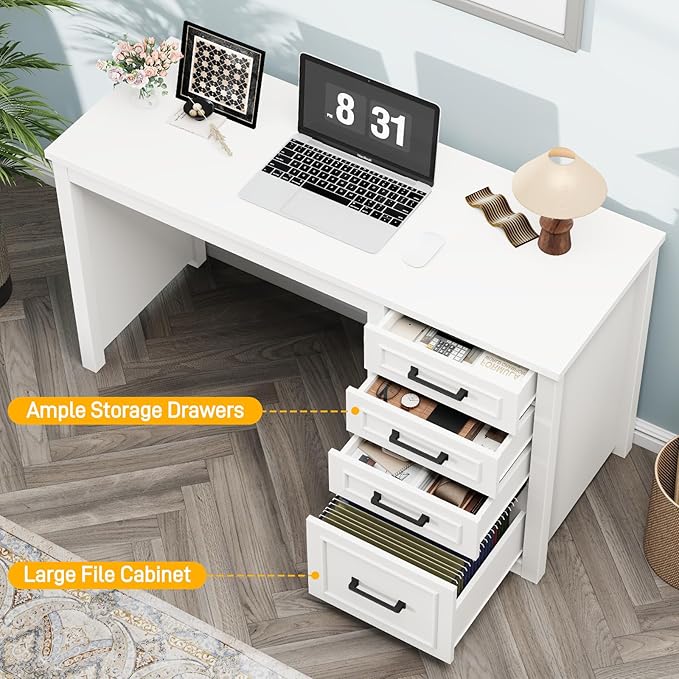 Vabches Farmhouse 49” Executive Desk with File Drawer, 4 Drawers Reversible Computer Desk with Storage, Rustic Home Writing Workstation for Home Office, Cream White
