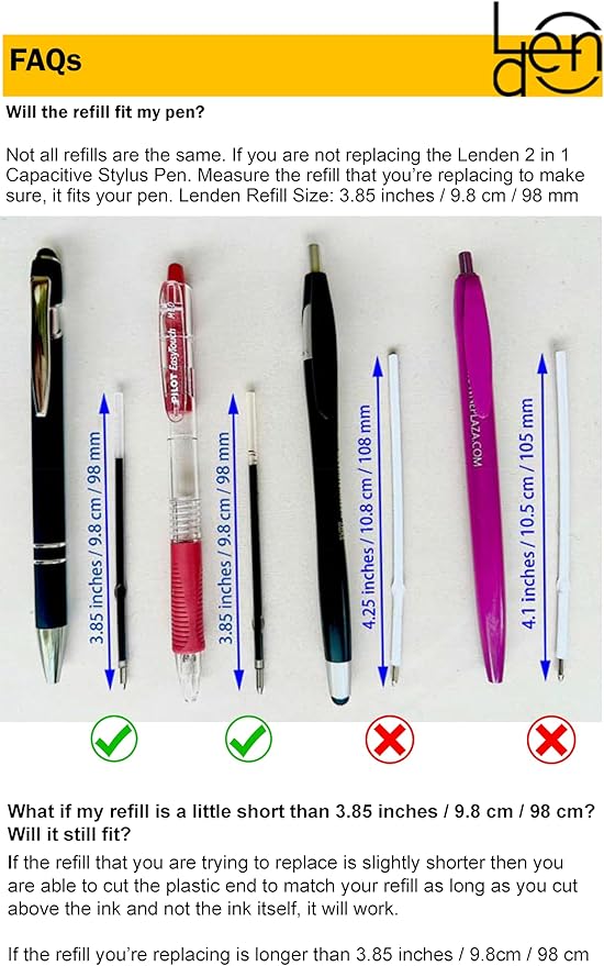 Lenden 12 Pack Ballpoint Pen Refills – 98mm / 3.85” Medium Point 1.0mm Black Ink – Compatible with Stylus/2-in-1 Ballpoint Pens, Retractable Click Pens