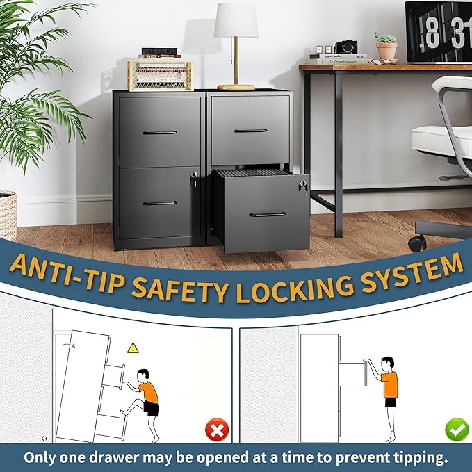 2 Drawer File Cabinet with Lock, Vertical Filing Cabinets for Home Office, Metal Storage Cabinet, Heavy Duty File Cabinet for Under Desk, Amsseble Required, Black