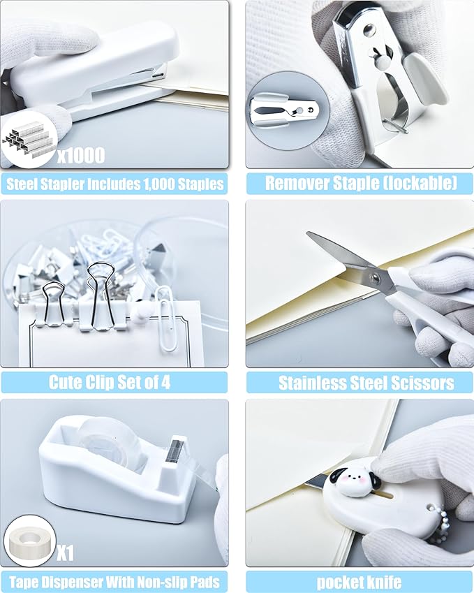 White Desk Accessories, 25Pcs White Office Supplies and Desk Organizers, with Tape Dispenser, Stapler, Staple Remover, Ect, Gift Box Packaging