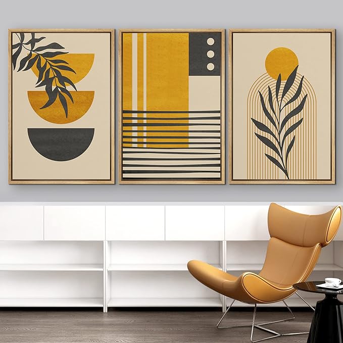 IDEA4WALL Framed Canvas Print Wall Art Set Geometric Mid-Century Jungle Safari Leaf Polygons Abstract Shapes Illustrations Modern Art Nordic for Living Room, Bedroom, Office - 16"x24"x3 Natural