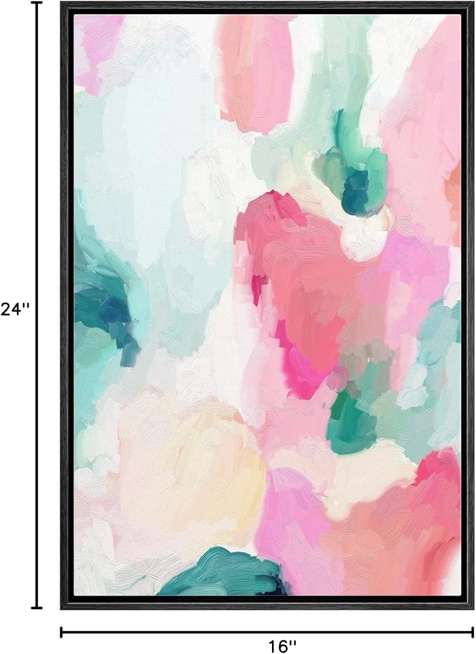 MUDECOR Framed Canvas Print Wall Art Pastel Pink, Green & Yellow Paint Strokes Abstract Shapes Watercolor Modern Art Contemporary Multicolor Ultra for Living Room, Bedroom, Office - 16"x24" Black